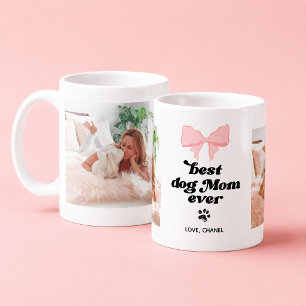 Pink Bow Best Dog Mom Ever Custom 2 Photo Coffee Mug