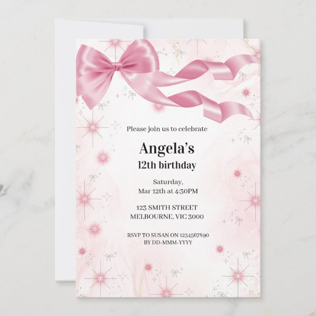 Pink Bow Birthday Girls Invitation (Front)