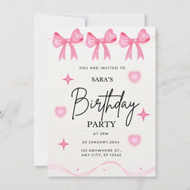 Pink Bow Birthday Invitation  (Front)
