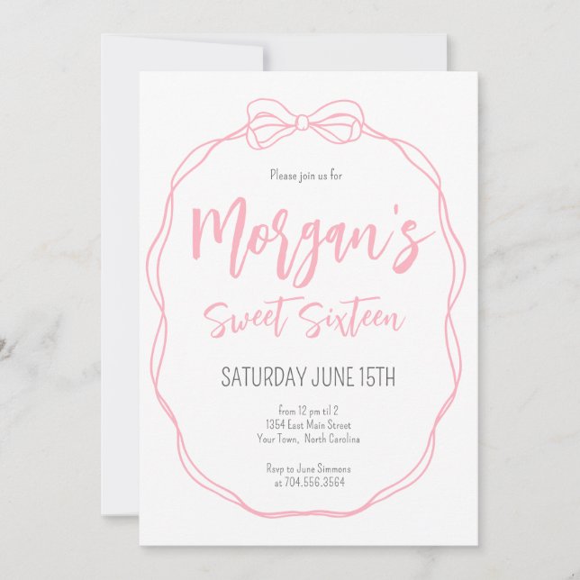Pink bow Birthday Invitation, Preppy Girl Birthday Invitation (Front)