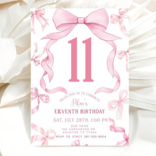 Pink Bow Birthday Invite, Girls 11th Birthday Invitation