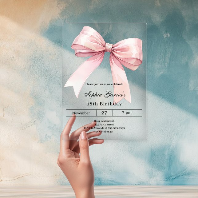 Pink bow birthday luxury clear acrylic invitations (Creator Uploaded)