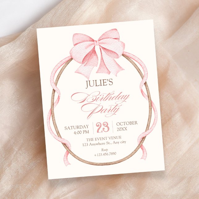 Pink bow birthday party invitation (Creator Uploaded)