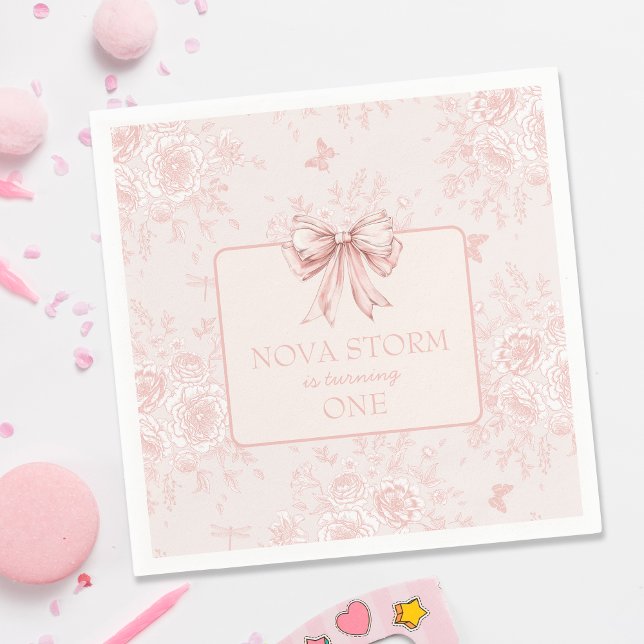 Pink Bow Birthday Party Whimsy Toile Personalized Napkin (Creator Uploaded)