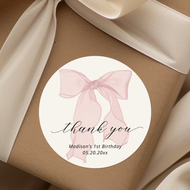 Pink Bow Birthday Thank you  Classic Round Sticker (Creator Uploaded)