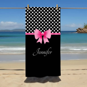Pink Bow Black And White Polka Dots Name Beach Towel