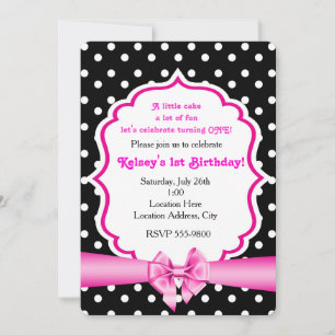 Pink Bow Black White Polka Dot Party Invitation
