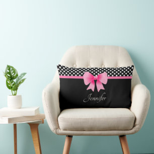 Pink Bow Black & White Polka Dots Pattern Name Lum Lumbar Pillow