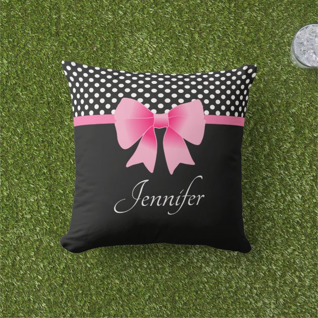 Pink Bow Black & White Polka Dots Pattern Name Outdoor Pillow (Grass)