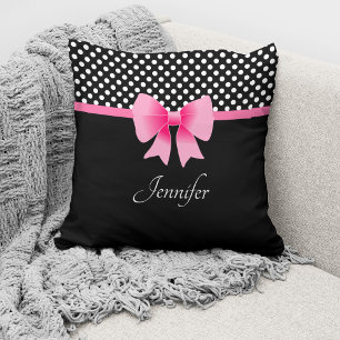 Pink Bow Black & White Polka Dots Pattern Name Throw Pillow