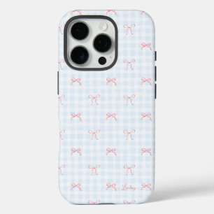 Pink Bow Blue Gingham Personalized Name iPhone 16 Pro Case