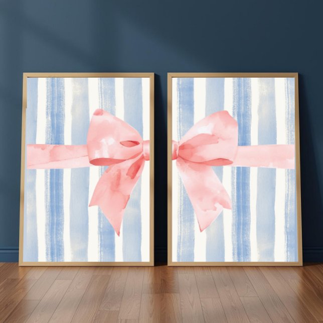 Pink Bow Blue Watercolor Stripes, Girly Aesthetic (Créateur téléchargé)