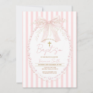 Pink Bow Blush Cross Stripes Baptism Invitation