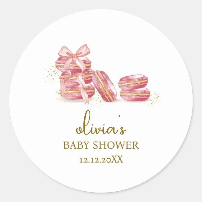 Pink Bow Bonjour Bébé French Macarons Baby Shower  Classic Round Sticker (Front)