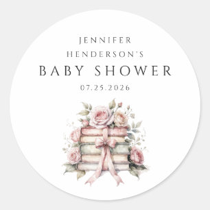 Pink Bow Bookstack Baby Shower Classic Round Sticker