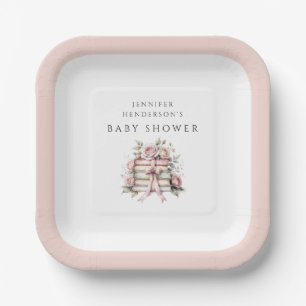 Pink Bow Bookstack Baby Shower Paper Plate