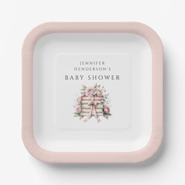 Pink Bow Bookstack Baby Shower Paper Plate (Front)