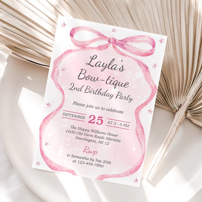 Pink Bow Boutique 2nd Birthday Party  Invitation (Creator Uploaded)