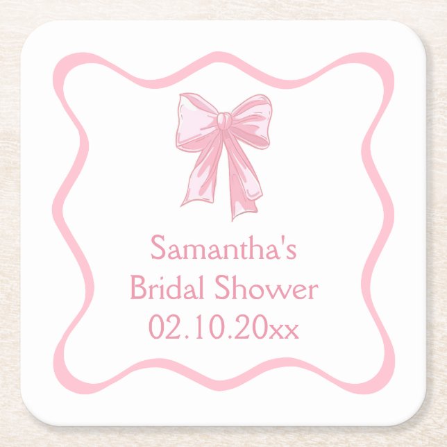 Pink Bow Bridal Shower Square Paper Coaster (Front)