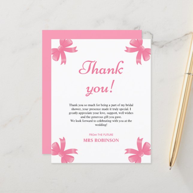 Pink Bow Bridal Shower Thank You Card (Front/Back In Situ)