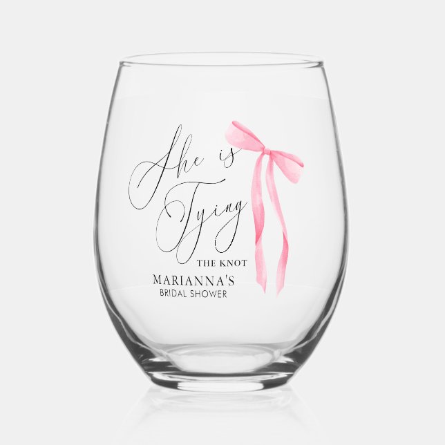 Pink Bow Bride Name Bridal Shower Stemless Wine Glass (Front)
