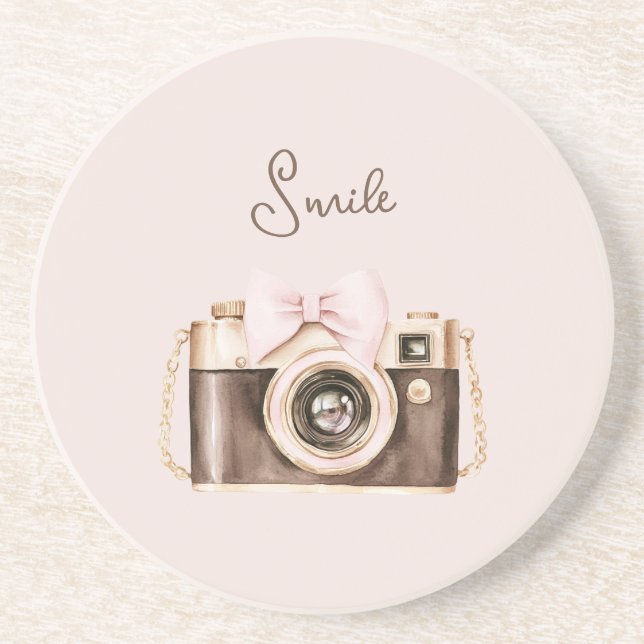 Pink Bow Brown Camera Smile Coaster (Front)