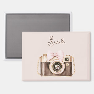 Pink Bow Brown Camera Smile Magnet