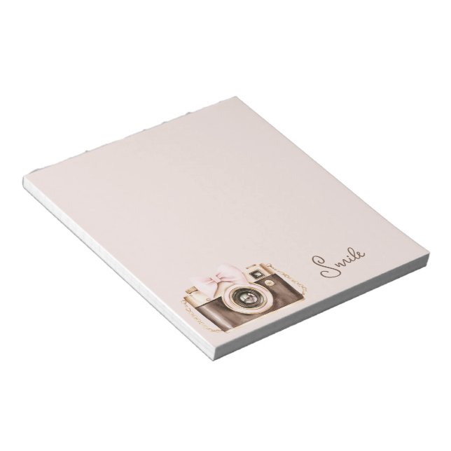 Pink Bow Brown Camera Smile Notepad (Angled)