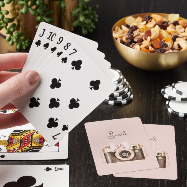 Pink Bow Brown Camera Smile Playing Cards (In Situ)