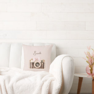 Pink Bow Brown Camera Smile Throw Pillow