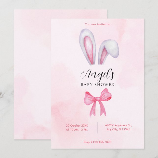 Pink bow bunny baby shower invitation (Front/Back)