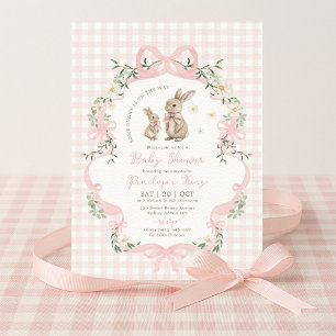 Pink Bow Bunny Gingham Floral Girl Baby Shower Invitation