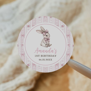 Pink Bow Bunny Vintage Rabbit 1st Birthday Classic Round Sticker