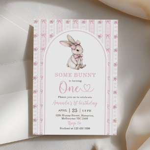 Pink Bow Bunny Vintage Rabbit 1st Birthday Invitation