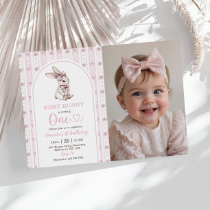 Pink Bow Bunny Vintage Rabbit 1st Birthday Photo Invitation