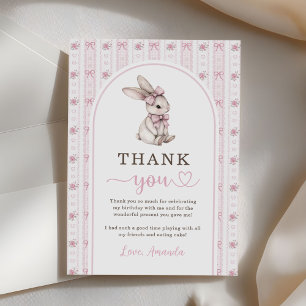 Pink Bow Bunny Vintage Rabbit 1st Birthday Thank You Card