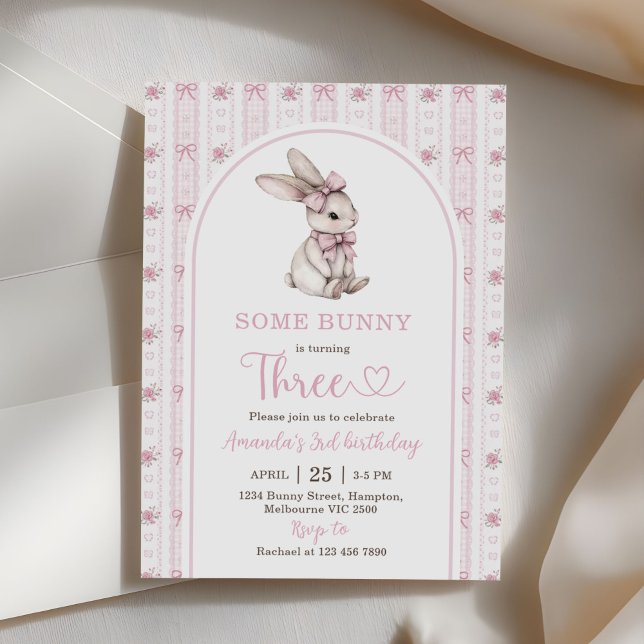 Pink Bow Bunny Vintage Rabbit 3rd Birthday Invitation (Creator Uploaded)