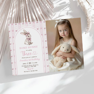 Pink Bow Bunny Vintage Rabbit 3rd Birthday Photo Invitation