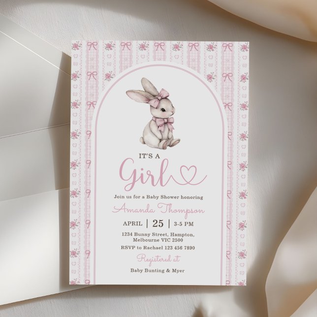 Pink Bow Bunny Vintage Rabbit Baby Shower Invitation (Creator Uploaded)