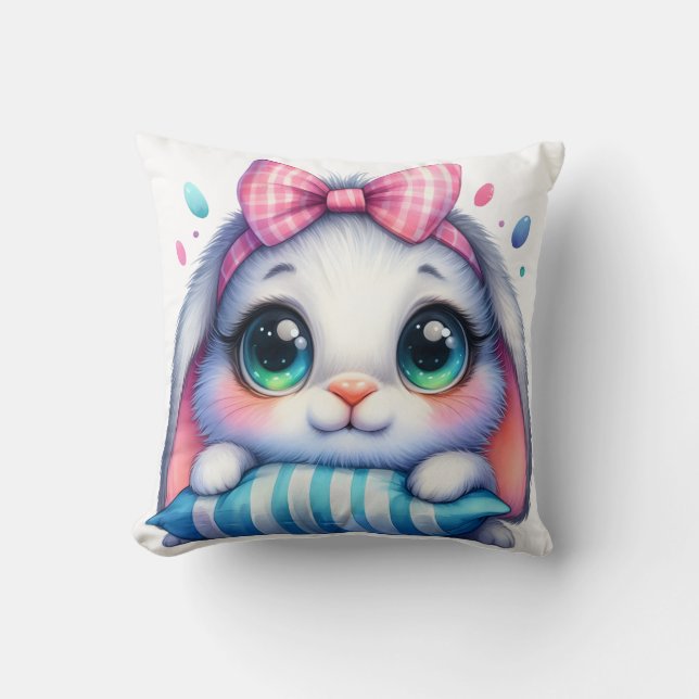 Pink Bow Bunny with Striped Pillow (Front)