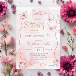 Pink Bow Butterfly Baby Shower Invitation 