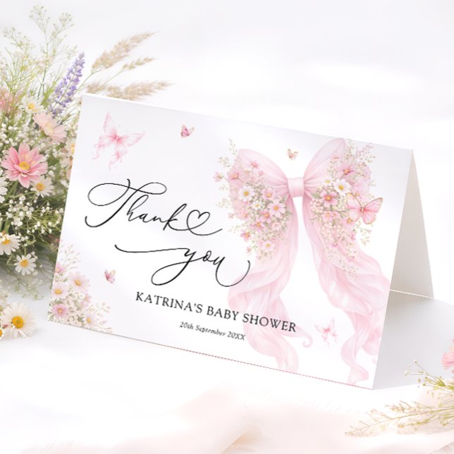 Pink Bow Butterfly Baby Shower Thank You Card (Creator Uploaded)