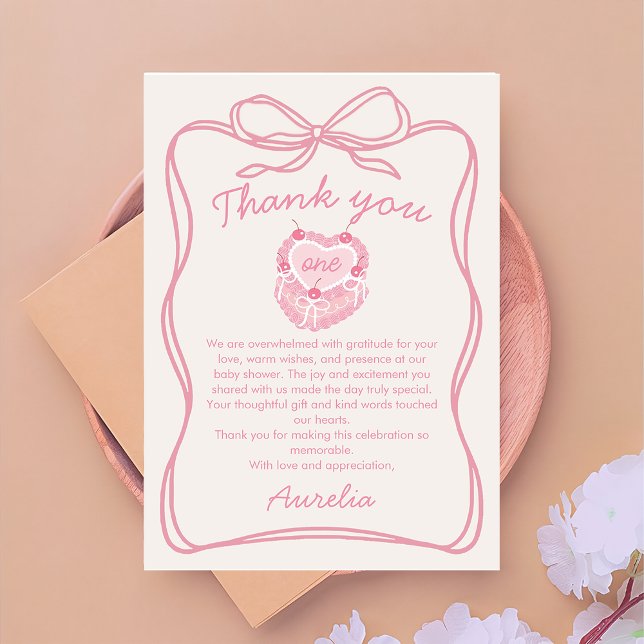 Pink Bow Cake Birthday Photo Thank You Card (Creator Uploaded)