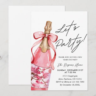 Pink Bow Champagne Bottle New Year's Eve Party Invitation