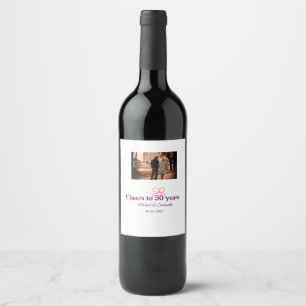 Pink bow cheers to 50 years anniversary wedding  wine label