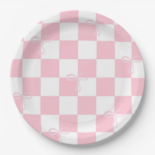 Pink Bow Chequered Girly Bachelorette Party  Paper Plate