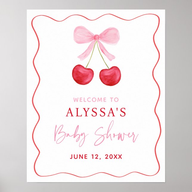 Pink Bow Cherry Baby Shower Welcome Poster (Front)