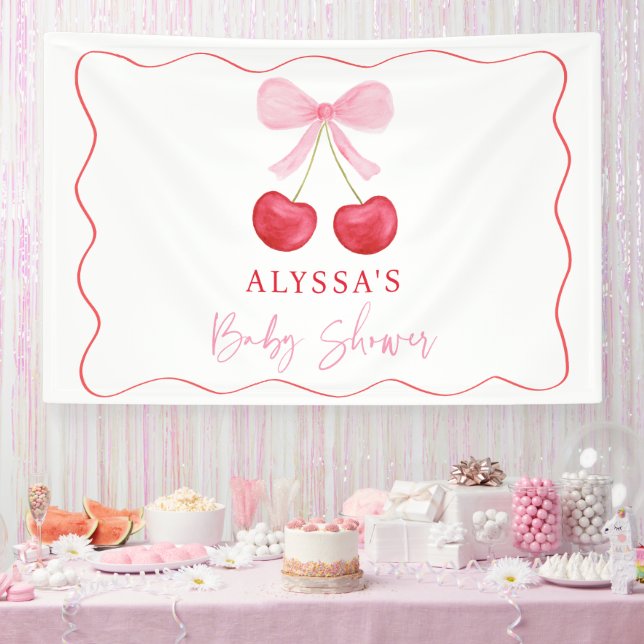 Pink Bow Cherry Girl Baby Shower Banner (Party)