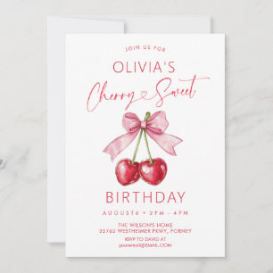 Pink bow cherry girl birthday invitation
