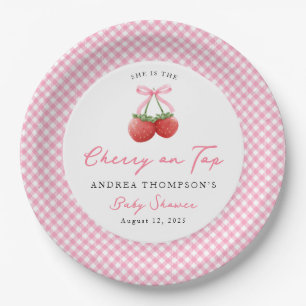Pink Bow Cherry on Top Gingham Baby Shower   Paper Plate